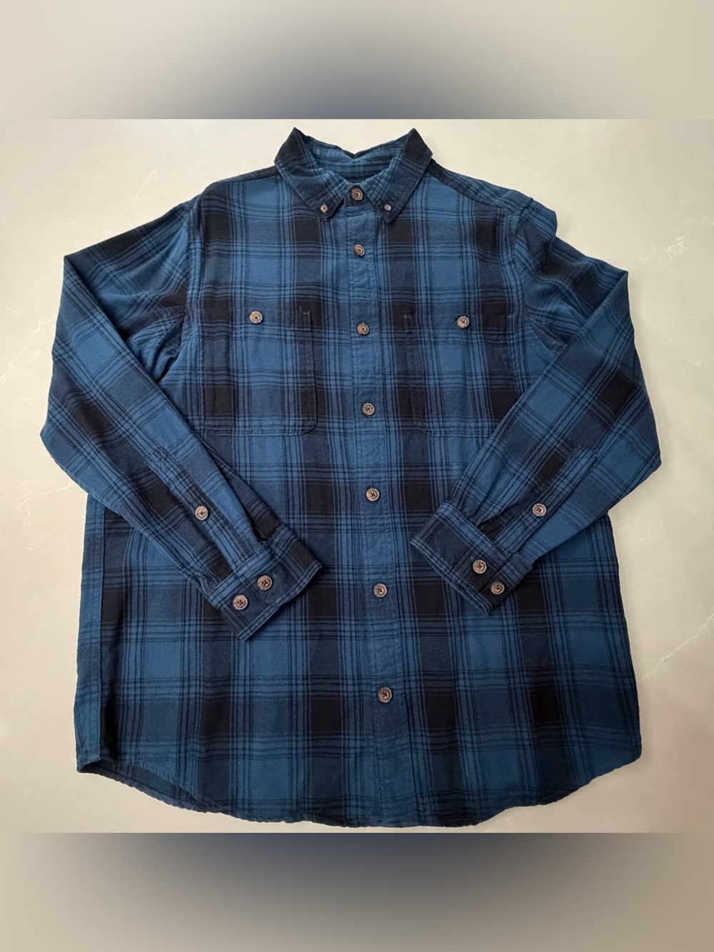 Duluth Trading Co. Blue Plaid Flannel Button Down Shirt Size L Slim Fit